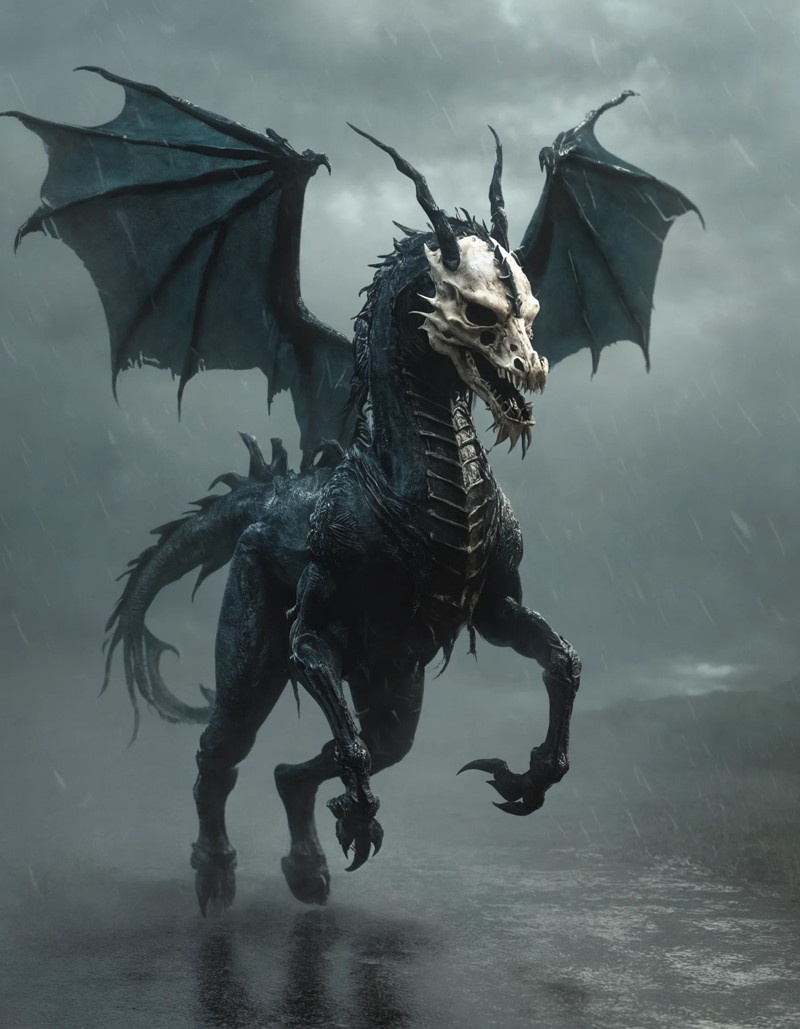 00039-an elegant dragon horse hybrid with a skull mask running through the rain high quality up close fantasy horror highly.webp